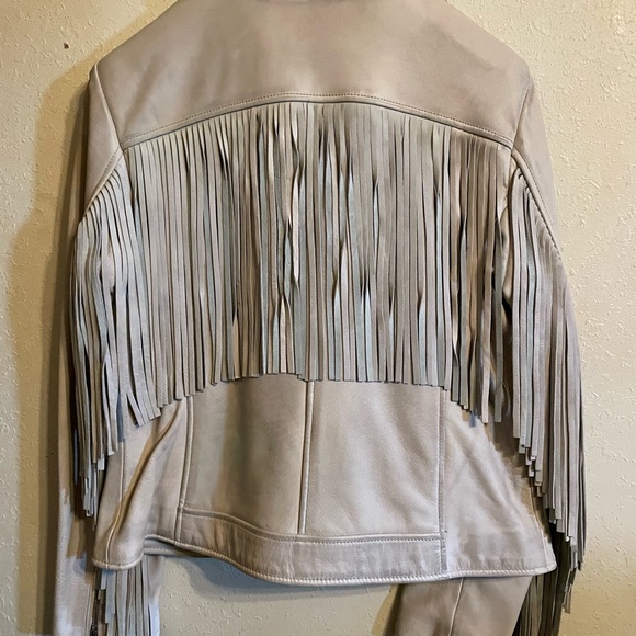 Black Rivet Cream Leather Moto Jacket Asymmetrical Fringed NEW WITH TAGS - Picture 4 of 7
